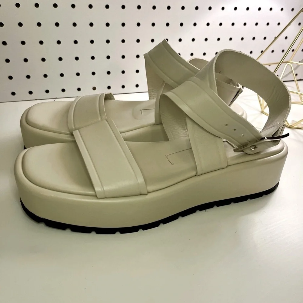 Zara Off White/Cream Leather Flat Strappy Platform Sandals Boho Beach Summer - Picture 13 of 16